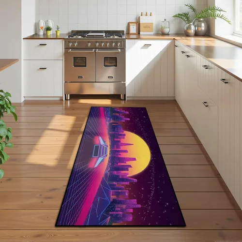 Miniatura 6 de Alfombra de corredor lavable de 2 x 6 pulgadas, diseño de arcade, diseño de barco espacial a la puesta de sol, retro, de los años 80, de ciencia