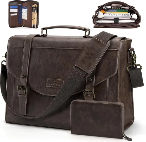 Miniatura 8 de RAINSMORE Bolso bandolera con solapa para hombre, de piel sintética vintage, estilo retro, de 15.6 pulgadas, con cartera, para laptop