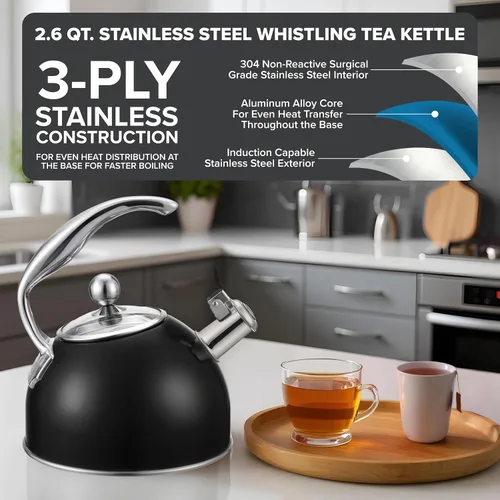 Miniatura 2 de Viking Tetera de acero inoxidable de 3 capas, olla de agua caliente de 2.6 cuartos de galón con tapa de vidrio templado, mango ergonómico, listo