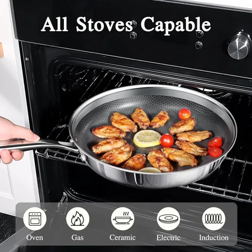 Miniatura 6 de GiPP Sartén de acero inoxidable de tres capas, sartenes híbridas de 12 pulgadas, antiadherentes, aptas para lavavajillas y horno, listas
