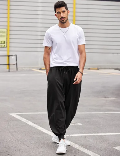 Miniatura 2 de COOFANDY Pantalones de harén hippie para hombre, holgados, de lino, bohemio, para yoga, casual, con entrepierna caída, pantalones