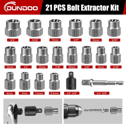 Miniatura 2 de Juego de extractor de pernos, 21 piezas, kit de extractor de pernos fácil de salir, 3/8 de pulgada, herramienta extractor de pernos para tuercas