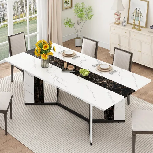 Miniatura 13 de chartustriable Mesa de comedor para 4 a 6 personas, mesa de cocina moderna grande de 71 pulgadas con diseño de camino de mesa integrado, mesa
