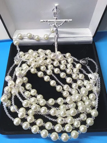 Miniatura 3 de javier lazo de boda para boda/lazo para matrimonio lazo de perla fina color marfil de 0.472 in y cristal fino cruz de metal Lasso color plata Con