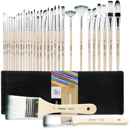 Artecho 32 piezas de pinceles para pintura acrílica, pinceles de pintura acrílica para óleo, acuarela, acrílico, gouache y pintura en lienzo