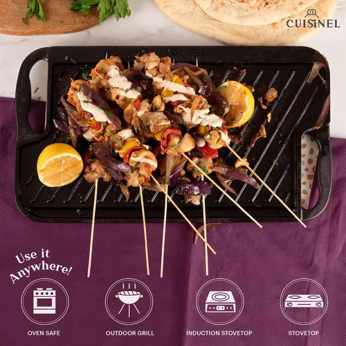 Miniatura 4 de Cuisinel Parrilla de hierro fundido + rascador/limpiador, reversible, pre-sazonado, de 16.75 x 9.5 pulgadas, sartén plana de doble mango y sartén