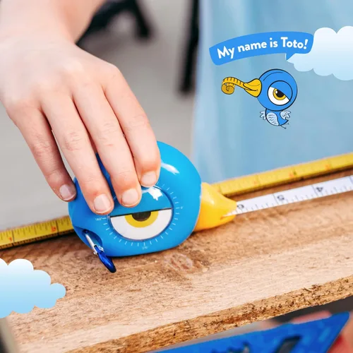 Miniatura 5 de Handy Famm Cinta métrica de pájaro azul de 8 pies para niños, herramienta educativa STEM con nivel, transportador, diseño retráctil, juguete