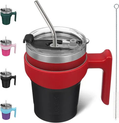 Miniatura 55 de BJPKPK Vaso con asa de acero inoxidable de 20 onzas, con aislamiento de doble pared, con tapa y pajita, color rosa claro A-rosa claro