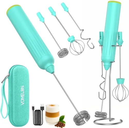 Miniatura 14 de Espumador de leche de mano con 3 batidores de acero inoxidable, mezclador eléctrico recargable de bebidas con soporte y estuche de viaje, espumador