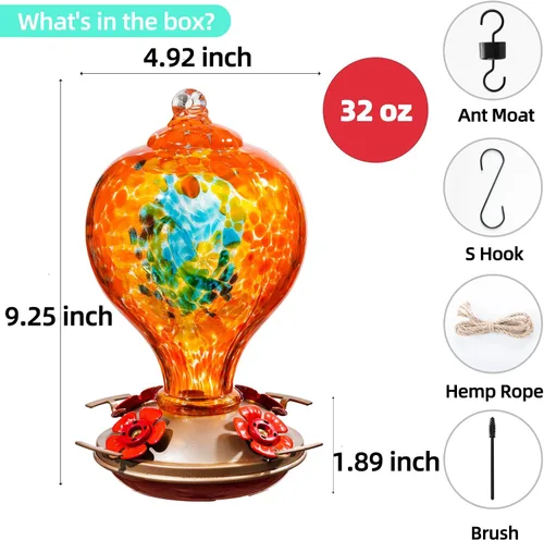 Miniatura 4 de Comederos para colibríes para exteriores colgantes, comedero para colibríes de vidrio soplado a mano de 32 oz para exteriores, 4 perchas con foso