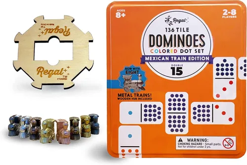Regal Games Juego de Dominó Tren Mexicano Doble 15 para Adultos y Niños - Juego de Dominó con 136 Fichas de Puntos de Colores y 8 Trenes de Metal -