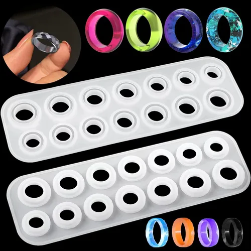 Moldes de anillo de resina de silicona, silicona para resina epoxi, 14 tamaños con caras redondas y rómbicas para hacer anillos, aretes, colgantes,