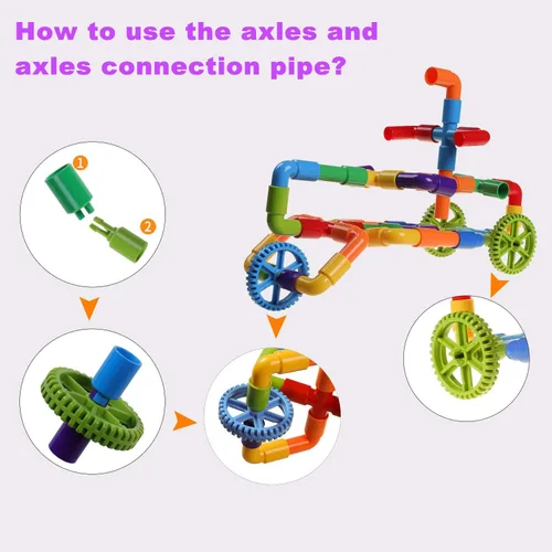Miniatura 8 de burgkidz STEM - Bloques de construcción de tubo de aprendizaje para tubo, juguetes sensoriales con ruedas, placa base para todas las edades, niños