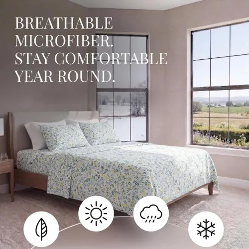 Miniatura 3 de Merit Linens Juego de sábanas transpirables de tamaño Queen con estampado floral de estilo hotelero, 4 piezas, con bolsillo profundo, sábanas