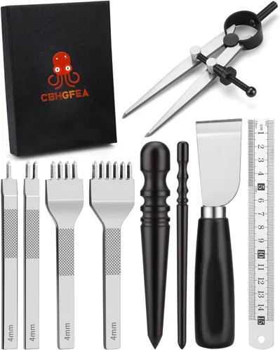 El kit de herramientas de trabajo de cuero incluye cuchillo de corte, bruñidor de bordes, punzón de costura de 1/2/4/6, herramienta de geometría de