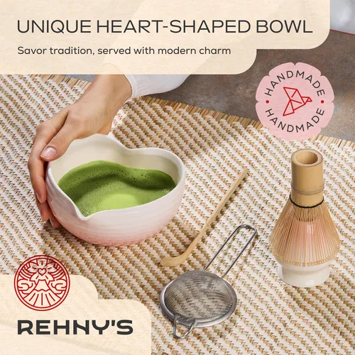 Miniatura 2 de Rehny’s Juego de batidor matcha Juego completo de matcha con cuenco en forma de corazón, batidor de bambú, soporte, tamiz de acero inoxidable