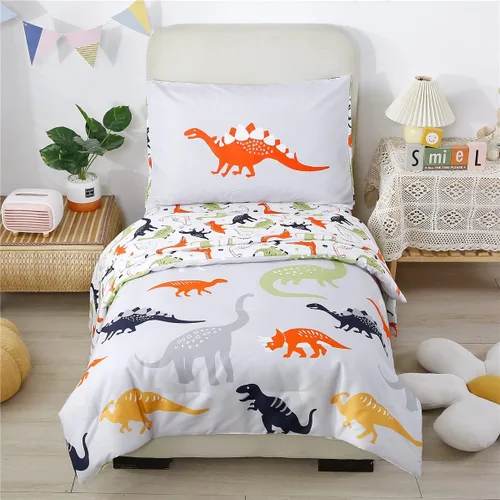 Miniatura 10 de URBONUR Juego de ropa de cama de 4 piezas para niños pequeños - Juego de edredón ultra suave con dibujos animados de animales del zoológico rosa