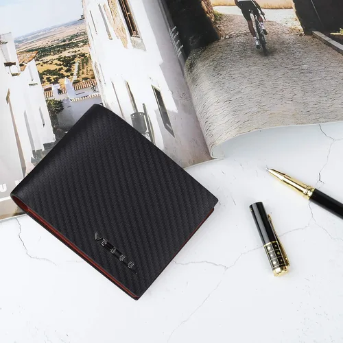 Miniatura 6 de VISOUL Billetera de cuero de fibra de carbono con bloqueo RFID para hombre con 2 ventanas de identificación cartera de cuero para hombre negro