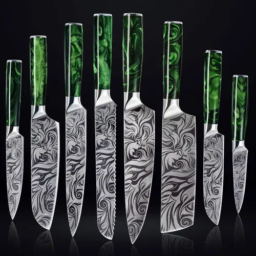 Miniatura 8 de SENKEN - Juego de cuchillos profesionales para carne con hermoso patrón grabado, colección Wasabi, acero de alto carbono dentado afilado y mango