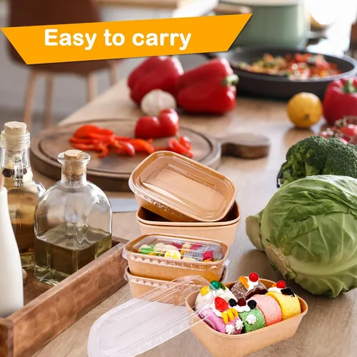 Miniatura 5 de 60 cuencos desechables de papel kraft a granel, rectángulo, extragrueso, a prueba de fugas, recipiente de alimentos con tapa de plástico