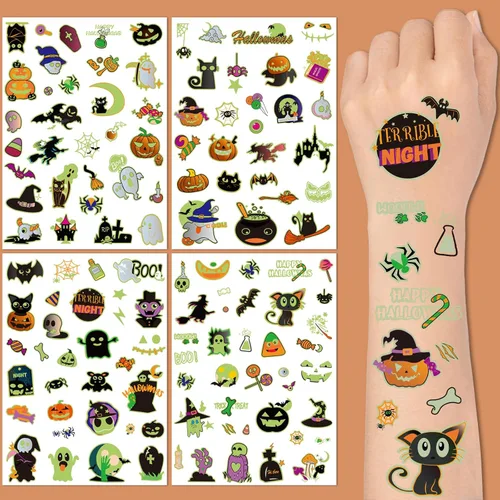 Miniatura 2 de 124 tatuajes temporales de Halloween que brillan en la oscuridad para niños, calcomanías de tatuaje falsas luminosas impermeables para fiesta