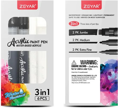 Miniatura 3 de ZEYAR Rotuladores de pintura acrílica, 3 tamaños de punta diferentes: extra fino (0.028 in), bala mediana (0.098 in), punta de fieltro jumbo