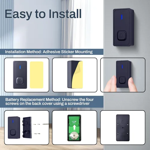 Miniatura 8 de BN-LINK Timbre inalámbrico, timbre de puerta impermeable, fácil instalación, rango de 1000 pies, volumen ajustable y 58 campanillas, flash LED, Negro