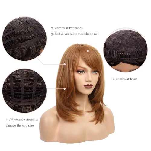 Miniatura 4 de Wiginway Peluca corta con flequillo oblicuo natural Yaki recta sintética para mujer, pelucas de color castaño oscuro, fibra natural resistente al