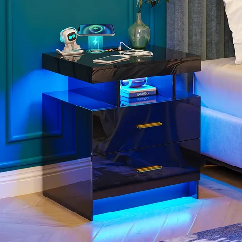 Miniatura 12 de WOOVIVS Juego de 2 mesitas de noche con estación de carga USB/tipo C/inalámbrica, mesitas de noche blancas con luces LED RGB automáticas, juego de 2