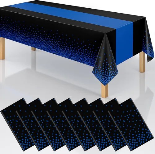 Miniatura 19 de Manteles de plástico desechables 2 en 1 de 54 x 108 pulgadas, mantel rectangular de cocina con lunares negros y azules, para boda, cumpleaños, baby