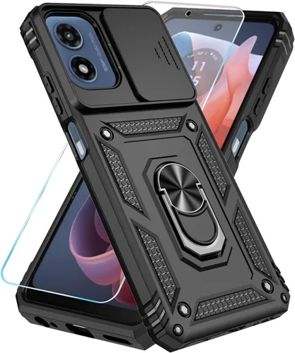 Funda para teléfono SunStory para Motorola Moto G Play 2024 con protector de pantalla HD y cubierta deslizante para la cámara y soporte con patas,