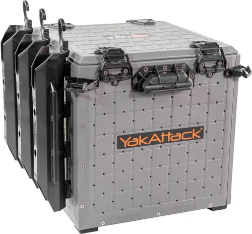 YakAttack BlackPak Pro - Caja de pesca para kayak, incluye 3 soportes para caña de pescar acoplables, 13 x 13 pulgadas, gris acorazado, accesorios