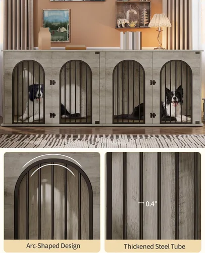 Miniatura 5 de Hzuaneri Mueble de jaula para perros de 88.4 pulgadas para 2 perros, soporte de TV para perreras de interior resistente, jaula de madera XXL