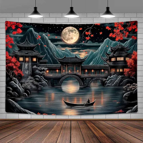 Miniatura 6 de Uokiuki Tapiz de anime japonés, tapiz de luna llena de luna llena de luna llena negro y rojo para colgar en la pared, tapiz estético de paisaje