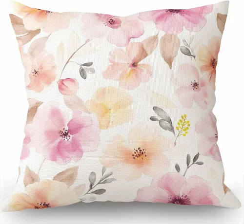 Miniatura 5 de Swono Funda de almohada de flores y hojas rosas, funda de almohada con patrón floral de acuarela, funda de almohada de arpillera de flores y rosas