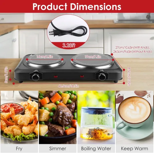 Miniatura 6 de TeqHome Quemador doble infrarrojo para encimera, placa eléctrica de 1800 W con placa de cocina de vidrio de cerámica de 7.5 pulgadas, temperatura