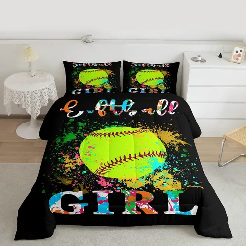 jejeloiu Juego de edredón de sóftbol para niños, tamaño matrimonial, juego de ropa de cama con temática deportiva para niños, niñas, adolescentes,