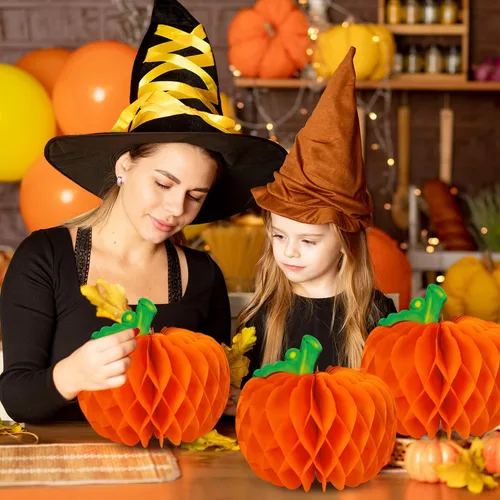 Miniatura 5 de 6 piezas de decoraciones de panal de calabaza, centros de mesa de calabaza 3D de Acción de Gracias, bolas de papel de panal de otoño para Halloween