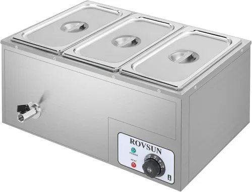 ROVSUN Calentador de Alimentos Eléctrico Comercial 21QT, Mesa de Vapor de 3 Bandejas 6.9 QT/Bandeja Bain Marie de Acero Inoxidable para Mostrador de