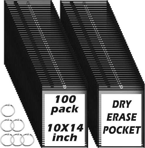 Miniatura 11 de Oleitodh - 100 paquetes de fundas de bolsillo reutilizables de borrado en seco extragrandes con 6 anillas, 20 colores surtidos 10x14 para boletos