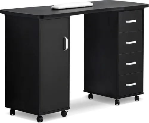 BarberPub Mesa de manicura, escritorio de uñas resistente a la acetona, mesa de uñas con 4 cajones, 2 gabinetes, ruedas bloqueables, almohadilla de