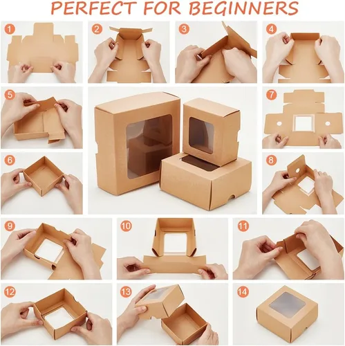 Miniatura 3 de BENECREAT 10 cajas de papel kraft marrón con ventana transparente, caja de regalo cuadrada de papel kraft de 5.12 x 5.12 x 1.97 pulgadas