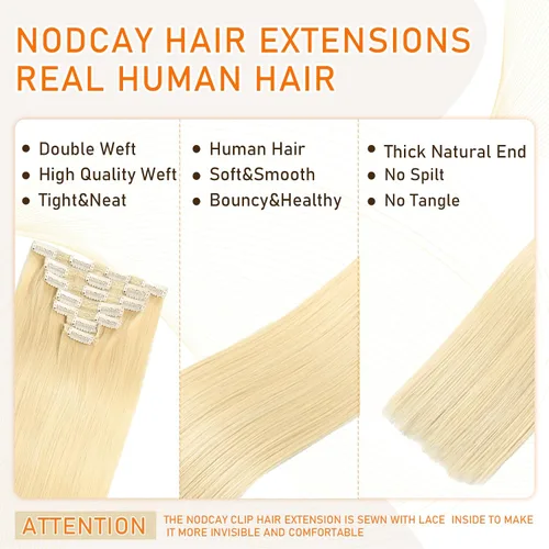 Miniatura 2 de Extensiones de cabello humano real #613 con pinzas, 24 pulgadas, 3.53 onzas, 7 unidades, extensiones Remy sin costuras, trama de piel de encaje