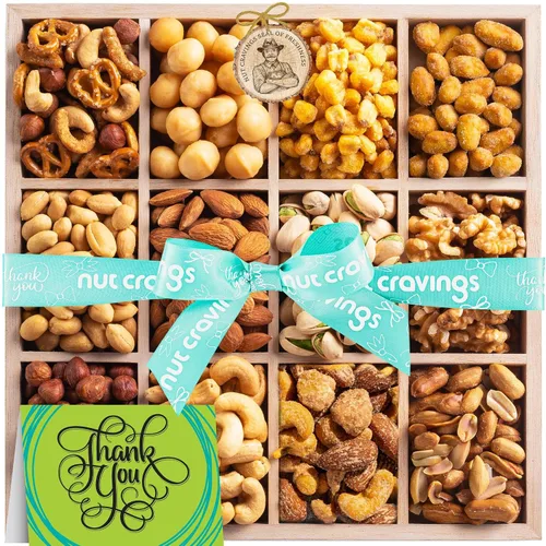 Miniatura 17 de NUT CRAVINGS - Cesta de regalo de nueces mixtas en bandeja de madera de diamante reutilizable + cinta verde (12 surtidos) golosinas para adultos