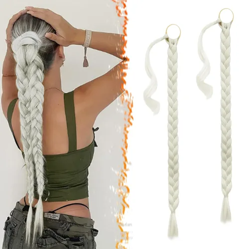 Miniatura 38 de Barsdar Extensión de 26 Pulgadas de Cola de Caballo Trenzada Larga con Banda Elástica - Extensiones de Cabello en Cola de Caballo Recta y Elegante