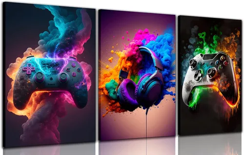 Miniatura 11 de BGFCE Arte de Lienzo de Pared para Gaming, Pinturas de Arte de Controlador de Juego con Salpicaduras de Tinta de Color, Pósteres para Estética