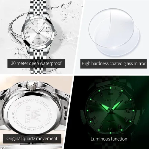 Miniatura 53 de OLEVS Reloj para parejas para él y ella, reloj analógico de cuarzo para hombres y mujeres, de acero inoxidable, impermeable, luminoso, fecha, reloj