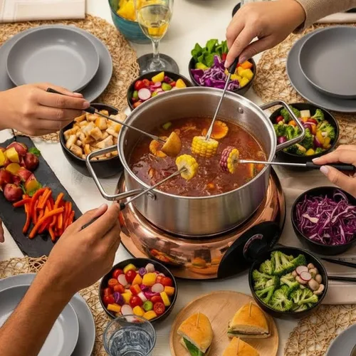 Miniatura 6 de Juego de fondue eléctrico de chocolate y queso Artestia con dos ollas (acero inoxidable y cerámica), para servir a 8 personas