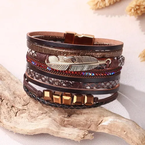 Miniatura 6 de Fesciory - Pulsera de leopardo para mujer, estilo bohemio de cuero multicapa con perlas de cristal