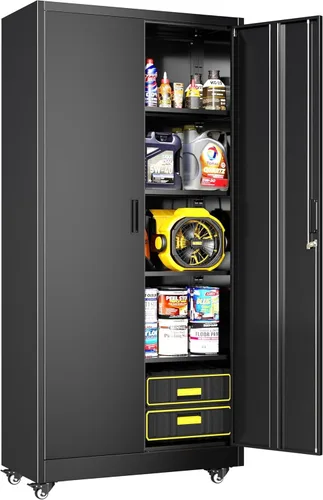 Miniatura 11 de Greenvelly Armario de almacenamiento de metal para garaje con puertas y estantes ajustables, gabinete de archivo de acero negro con cerradura de 72